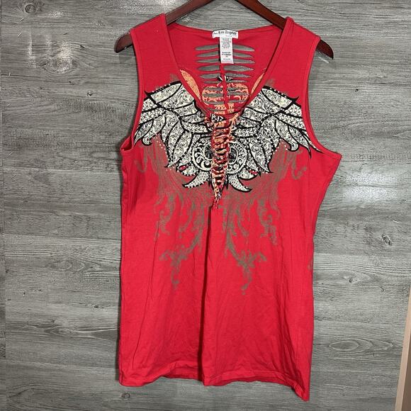 Los Angeles Bus Stop Tank Top Womens 1X Plus Red Wings Graphic Rhinestones Y2K - Picture 1 of 9